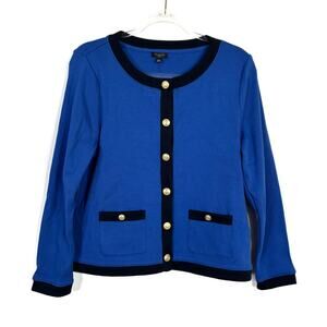 Talbots Blue Black Knit Cardigan Sweater Gold Crest Buttons NWT Womens L PETITE